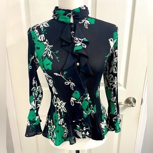 Violet & Claire Black/Green Floral Blouse Pleated With Ruffles 3/4 Sleeves Sz S